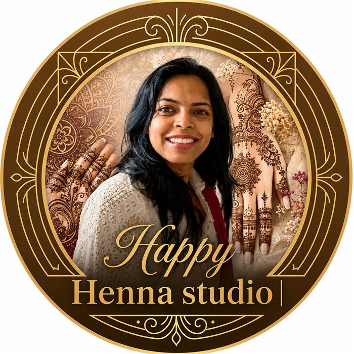 Happy Henna Studio badge, featuring Rachna Rao with intricate henna designs on both hands