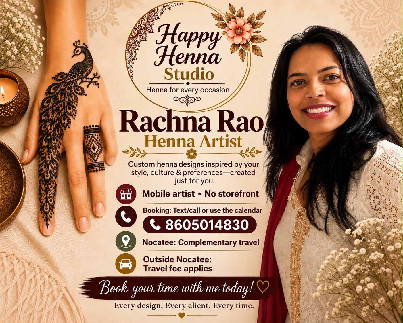 Happy Henna Studio &mdash; Rachna Rao, henna artist. Henna for every occasion. Mobile artist, appointment required, call 860-501-4830.